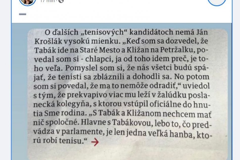 Poslankyňa Tabák a jej status na kolegu Krošláka