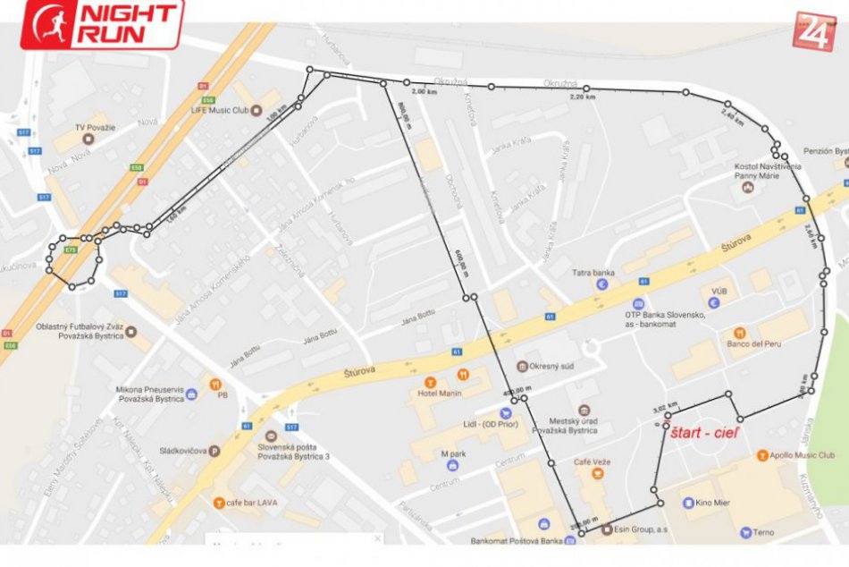 Nočný beh Považskou Bystricou: Trate VEREDA night run 2017