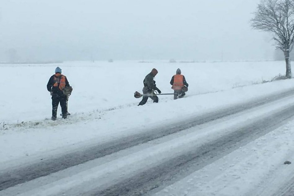 Poľskí cestári kosili trávu pod snehom
